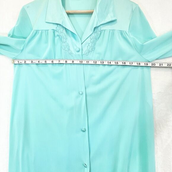 Vintage Vanity Fair Sz 34 Button Down Robe Nightgown Nylon Silky Teal Applique - Picture 4 of 9